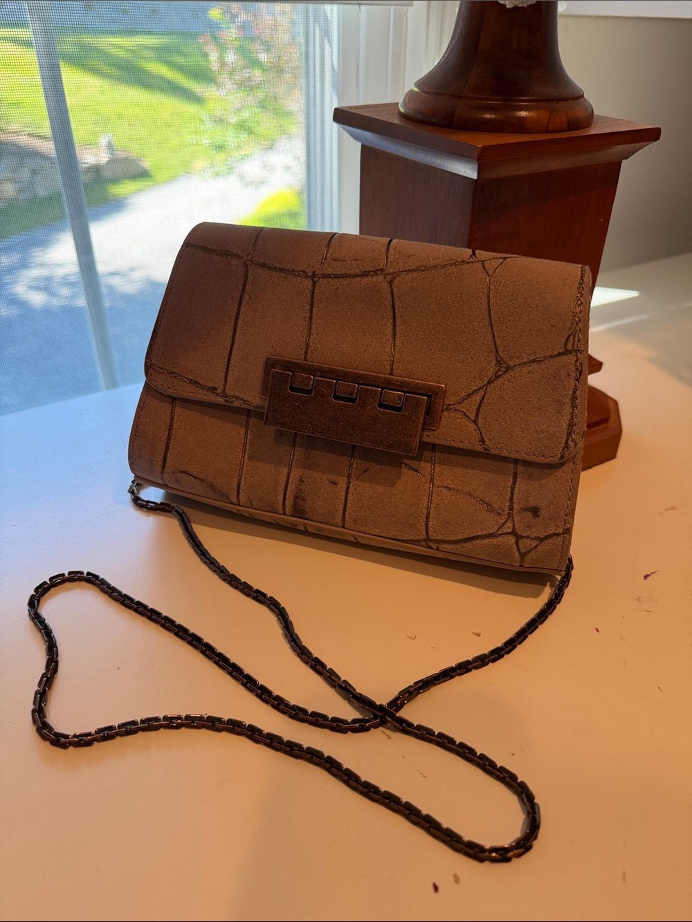 Z Spoke Zac Posen Women's Gray Croc-Embossed Chain Crossbody Bag NWOT